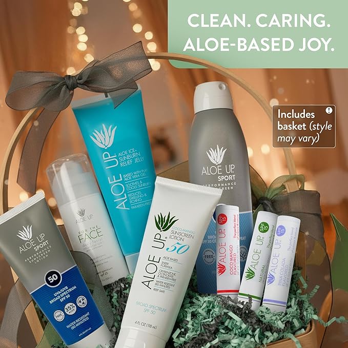 Aloe Up Sun & Skin Care Gift Basket – 6-Piece for Men & Women Set with SPF Moisturizers, Sport Sunscreens, Lip Balm & Aloe Gel – Alcohol-Free, Reef Friendly, Hydrating Skincare Kit