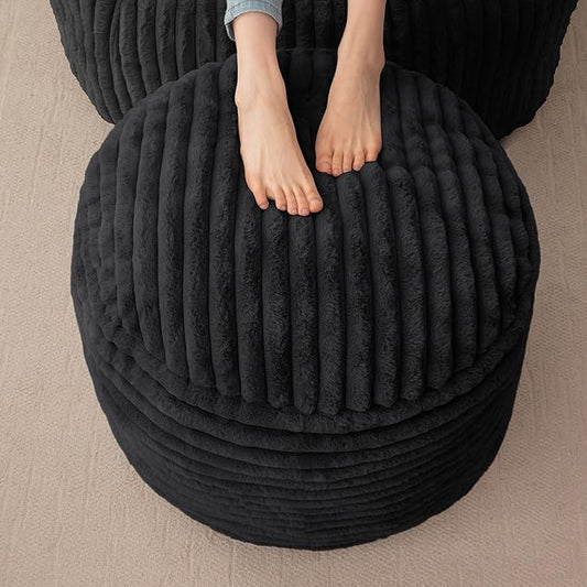 HIGOGOGO Round Stuffed Pouf Ottoman, Corduroy Poufs with High-Density Foam Filling, Furry and Fluffy Pouf Foot Stool Storage Ottoman, 20 X 15 Floor Poufs Foot Rest for Living Room, Black