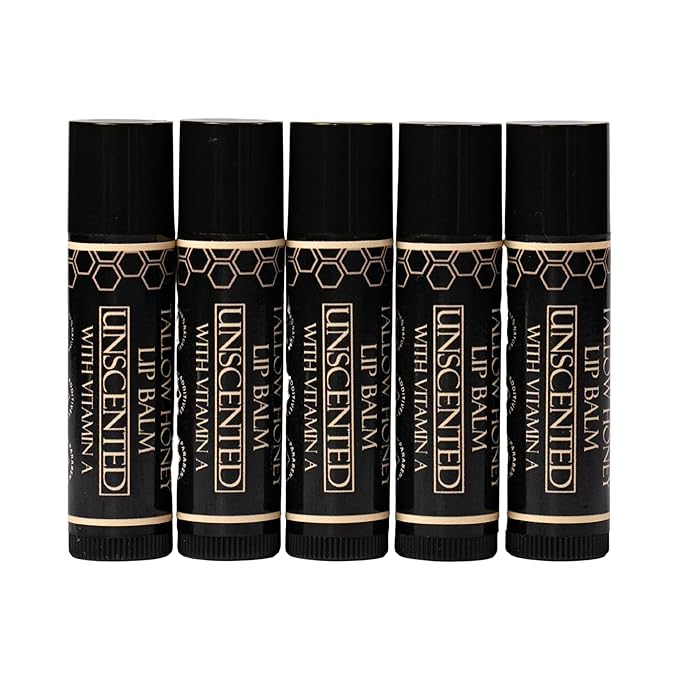 Tallow Lip Balm (5 Pack) - Hydrating With Organic Italian Olive Oil, Pure Grass Fed Tallow, and Beeswax - Long Lasting Lip Therapy (Unscented)