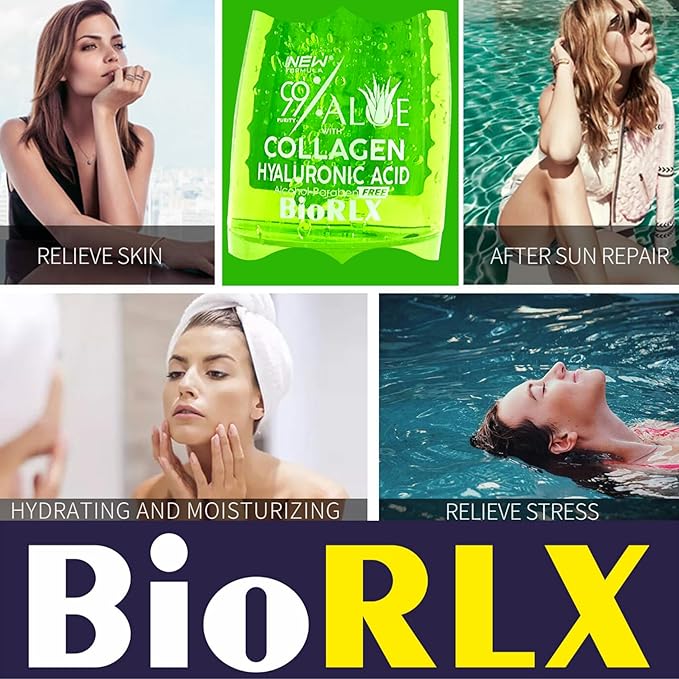 BioRLX 99% Aloe Vera Gel with Collagen and Hyaluronic Acid 250 Ml 8.5 Fl Oz - For Face Body, Hair & Scalp, After Sun Relief, Natural, Soothing, Hydrating