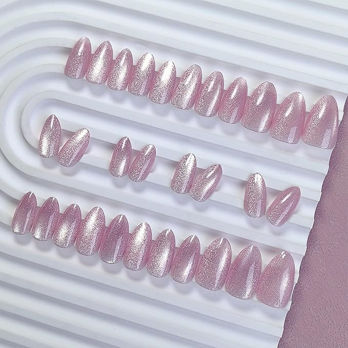 KQueenest Cat Eye Press On Nails Short, Acrylic Press On Nails Almond, Sparkle Light Pink Fake Nails With Glue, Recycled Soft Gel Glue On Nails for Woman, Long-Lasting Glitter Effect, 30 Pcs