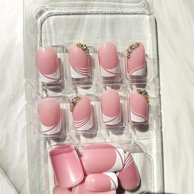 White Edge French Tip Press on Nails Short Square Fake Nails Fake Nails with Gold Rhinestones Charms Design Nude False Nails Full Cover Glue on Nails Artificial Stick on Nails for Women Girls 24Pcs