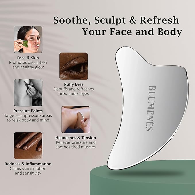 Blumenes - Traditional Gua Sha Tool - Stainless Steel Massage Tool for Face & Body - Cold & Heat Retention for Relaxing Spa Experience - Durable Stainless Gua Sha for Enhanced Skincare Routine
