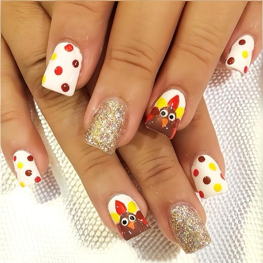 24Pcs Fall Thanksgiving Day Turkey Press on Nails Short Square Fake Nails Gold Glitter Full Cover Artificial Thanksgiving Nails Autumn Polka Dots Design Glue on Nail Glossy Acrylic Nails for Women