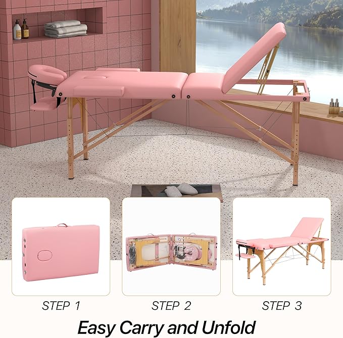 Massage Table Massage Bed, Portable 3 Section Foldable Tattoo Bed, Height Adjustable Lash Spa Bed with Face Cradle, Home Light Weight Facial Salon Bed with with Wood Frame, Light Pink