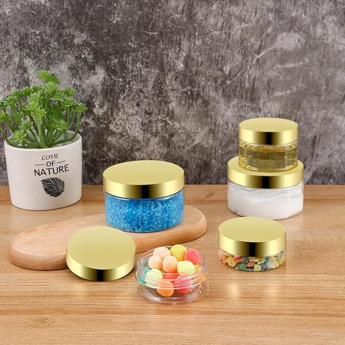 24 Pack 4 Oz Plastic Containers with Gold Lids, Clear Empty BPA Free and Refillable Cosmetic Jars Travel Containers for Creams, Lotion, Bath Salts, Sugar Scrub, Slime, Lip Scrub, Makeup