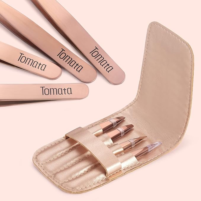 Tweezers for Eyebrows, Slant Tip and Pointed Eyebrow Tweezer Set Great Precision for Eyebrows Facial Hair, Ingrown Hair, Splinter, Blackhead and Tick Remover (4-piece) (Gold)