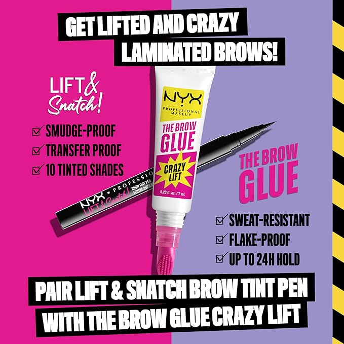NYX PROFESSIONAL MAKEUP The Brow Glue Crazy Lift, Brow Lamination Gel with 16HR Strong Hold & Built-In Styling Comb - Clear Eyebrow Gel