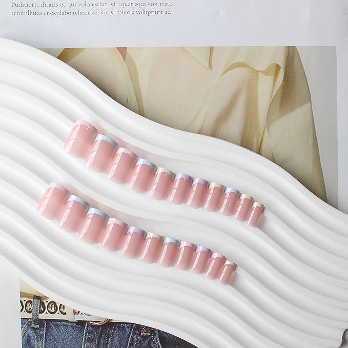 24 Pcs Colorful French Tip Press on Nails Medium Short Square, Acrylic Fake Nails Press ons with Glue, Small Coffin Acrylic Natural Nude Glue on Nails for Women, 15 Sizes