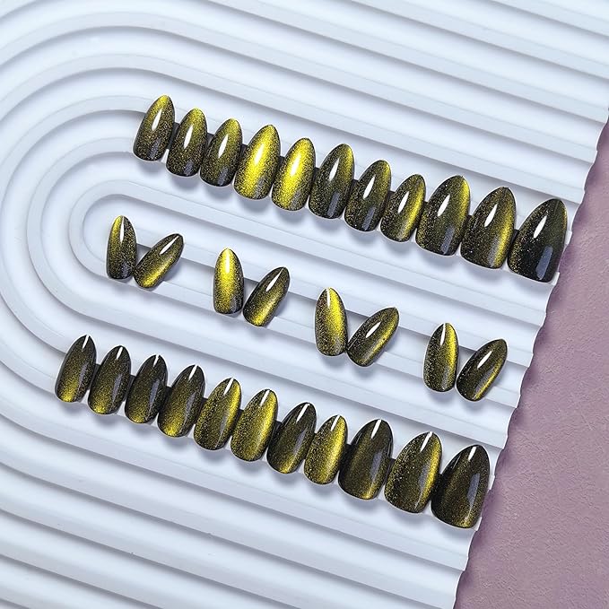 KQueenest Cat Eye Press On Nails Short Almond, Christmas Press On Nails with Glue, Sparkle Gold Black Fake Nails Stiletto, Soft Gel Glue On Nails for Woman, Long-Lasting Glitter Effect, 30 Pcs