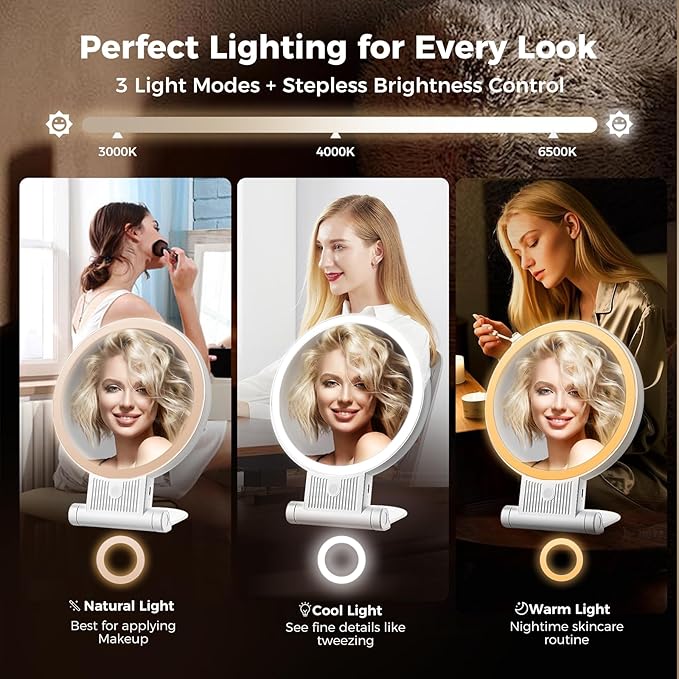 1X/30X Lighted Makeup Mirror with Magnification, Double-Sided Switch, 3-Color Lights, 2000mAh Rechargeable, Adjustable Brightness, Makeup Mirror with Lights for Vanity Table or Bathroom