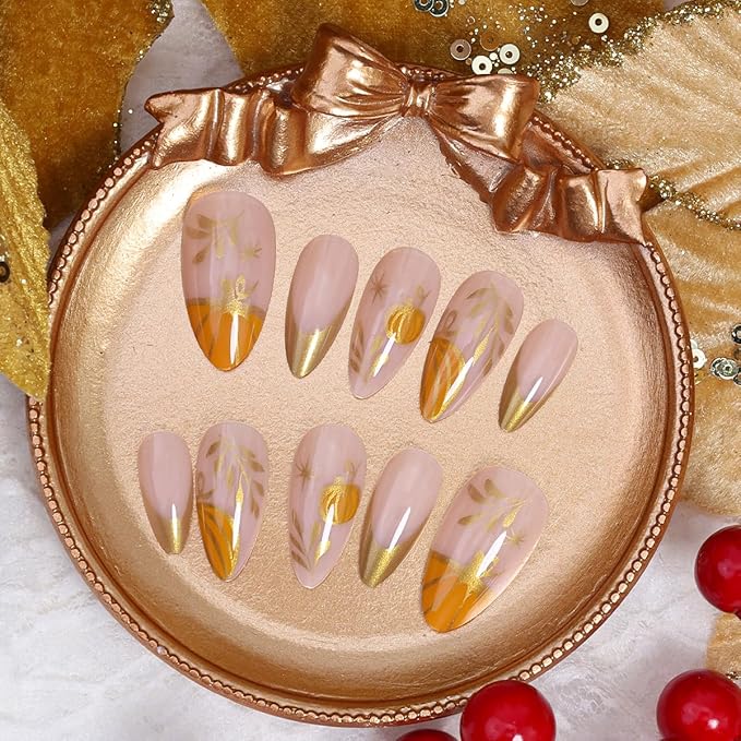 24Pcs Gold French Tip Fake Nails Fall Press on Nails Medium Almond False Nail Gold Star Pumpkin Acrylic Nail Artificial Autumn Maple Leaf Stick on Nail Thanksgiving Glue on Nails for Women