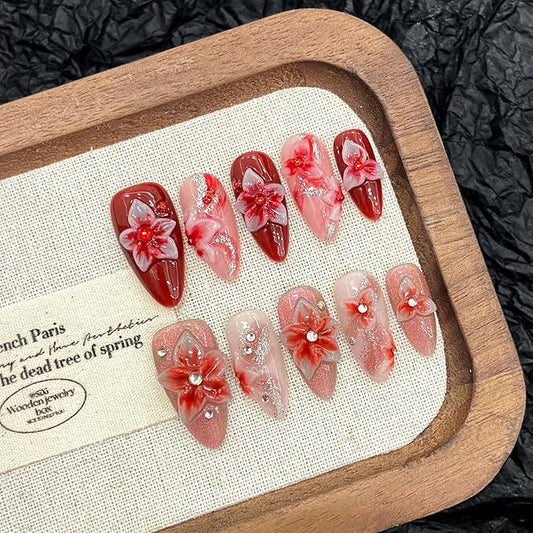 Handmade Press on Nails Almond Medium Fake Nails with 3D Flower Charm Designs Red Glossy Cute Acrylic Nails for Women 10pcs (Size M）