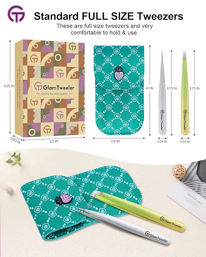 Expert Slant and Point Tip Tweezer Set with Exclusive Storage & Carrying Case, GlamTweeler Sharp & Precision Tweezer Set for Eyebrows, Facial Hairs & Fine Hairs Removal (Sparkle Apple Green + Silver)