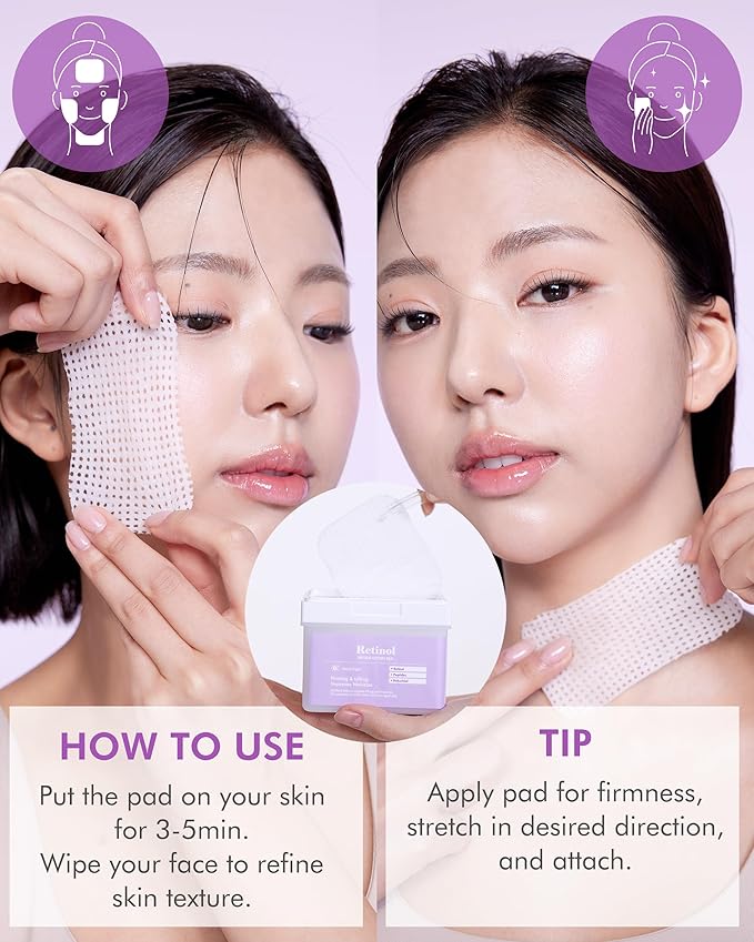 DERMAL Retinol Peptide Lifting Pad - Korean Toner Pad for Anti-Aging & Wrinkles with Bakuchiol - Vegan Pure Cotton Square Pads - High Capacity, 120 Sheets