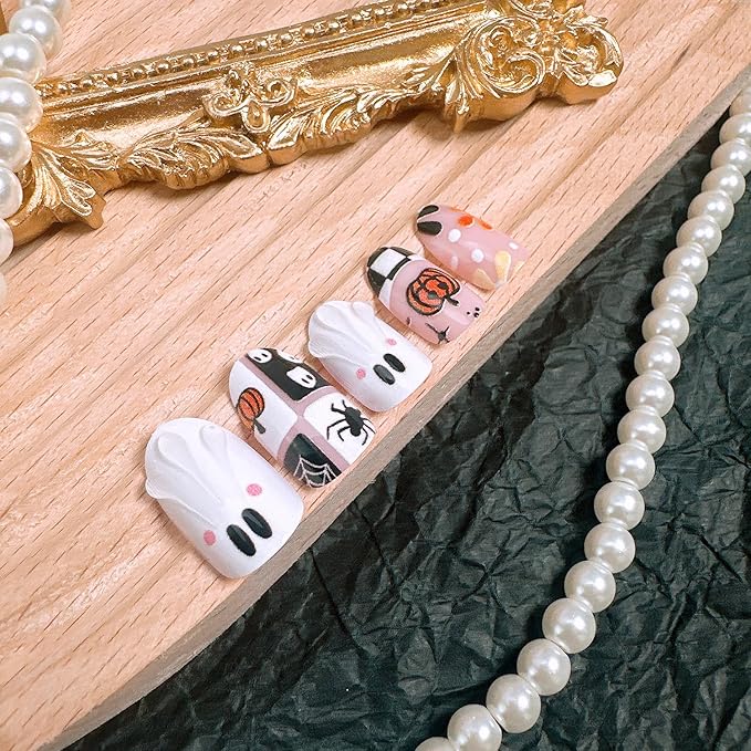 24Pcs Halloween Press on Nails Short Almond Fake Nails White Ghost Acrylic Nails with 3D Designs Horror Spider Pumpkin Glue on Nails Ghost Flower Spider Web False Nail Tips for Women Nail Designs