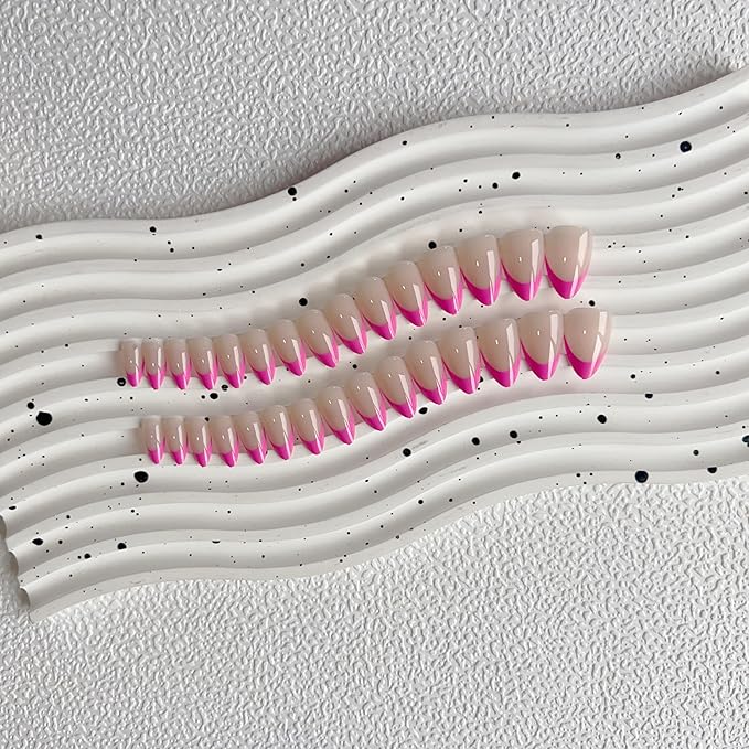 30Pcs Hot Pink French Tip Press on Nails Short Almond Press ons, Neon Short Fake Nails Almond Shaped Acrylic French False Glue on Nails for Women, Natural Stiletto Nail 15 Sizes