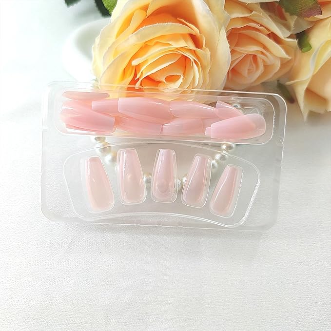 Coffin Press on Nails Medium White Gradient False Nails with Glossy Design Glue on Nails Light Pink Transparent Fake Nails Coffin Nails Press ons Artificial Stick on Nails for Women 24Pcs