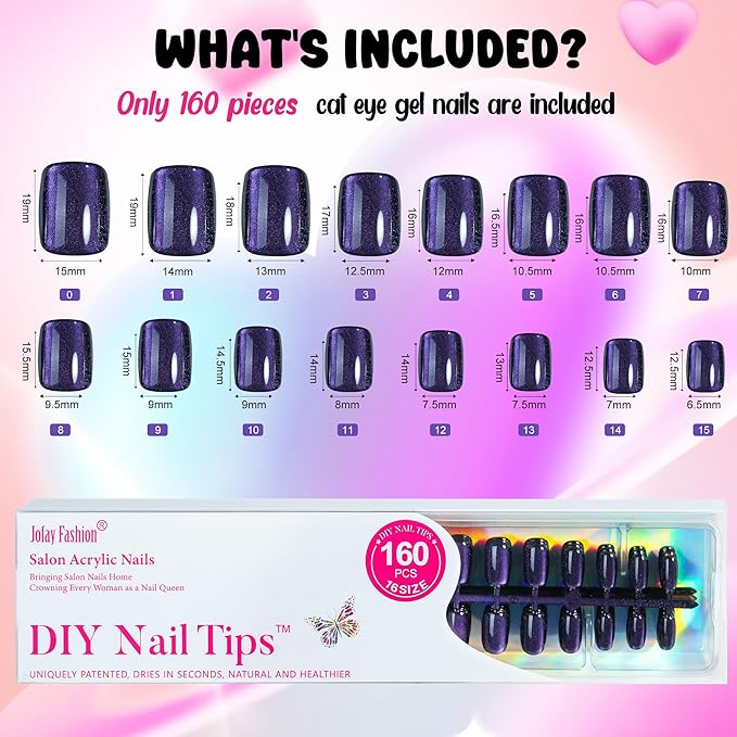 Press on Nails Short Square - Cat Eye Press on Nails, 5 Styles Soft Gel x Coat Nails False Nails, Bt Art Box Press On Nails in 16 Sizes -160PCS Soft Gel Fake Nails Kit