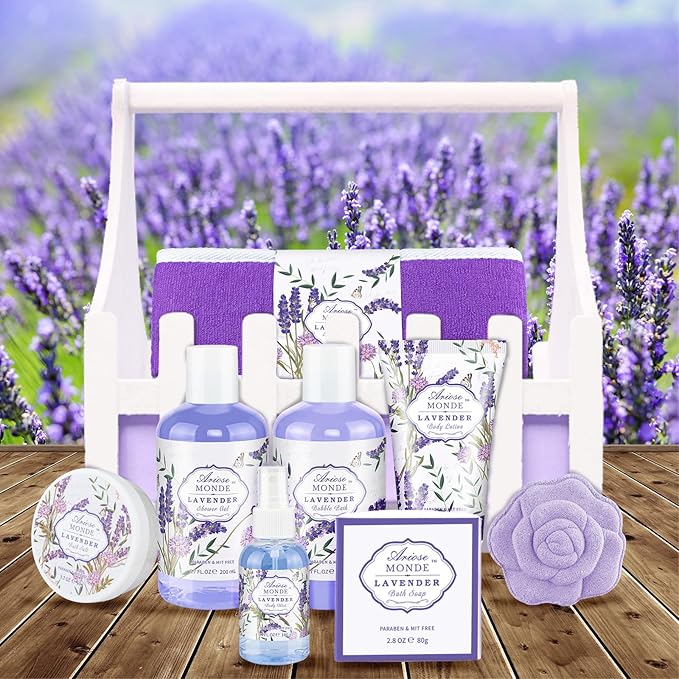 Lavender & Jasmine Scented Spa Gift Set for Women, Includes Body Lotion, Shower Gel, Salts, Bubble Bath, Body Mist, Soap, Bath Bombs