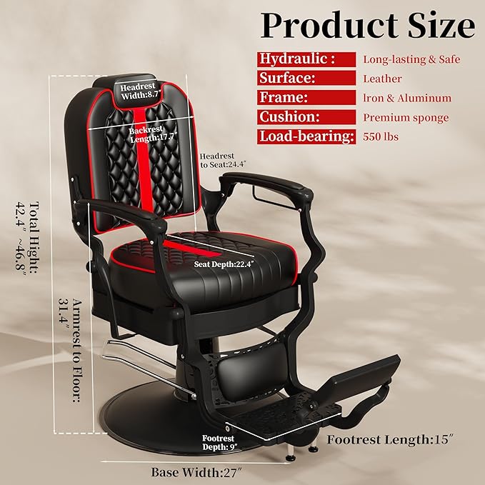 Baasha Professional Reclining Barber Chair with Adjustable Headrest, Hydraulic Heavy-Duty Base, Soft Upholstery & Thick Cushion, Tattoo & Hair Salon Chair, 550 lbs Capacity