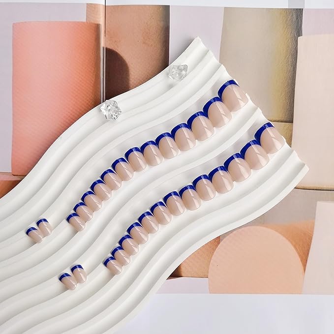 30 Pcs Royal Blue French Tip Press on Nails Short Square, Acrylic Fake Nails Press ons with Glue, Small Coffin Acrylic Natural Navy Blue Glue on Nails for Women, 15 Sizes