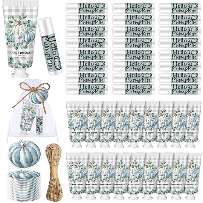 144 Pcs Fall Lip Balm Hand Cream Set Party Favors, Include 36 Blue Pumpkin Lip Balm 36 Moisturizing Hand Cream 36 Bags 36 Cards and Ropes for Autumn Accessories Gifts
