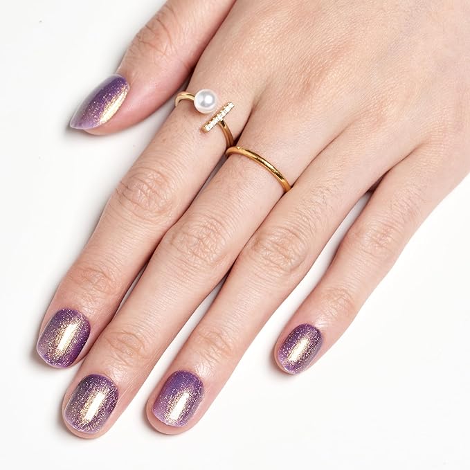 GLAMERMAID Extra Short Press on Nails 24PCS, Handmade Shimmer Purple Fall Gel Glue on Nails, Glossy Round Reusable UV Finish Fake Nails Acrylic False Nails Manicure Kits for Women