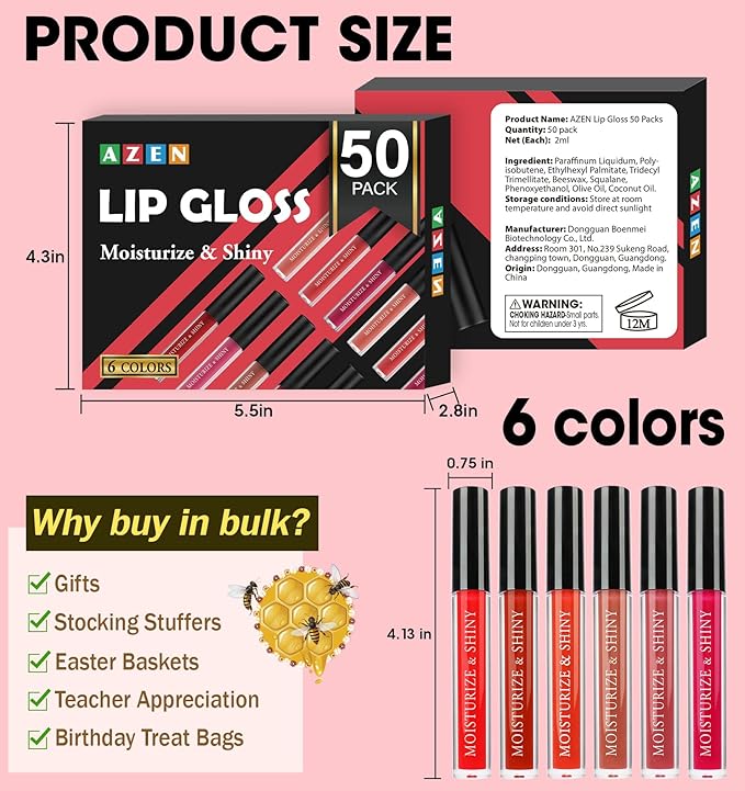 AZEN 50 Pack Lip Gloss Bulk Set, Shimmery Lip Gloss for Women and Girls With Rich Varied Colors