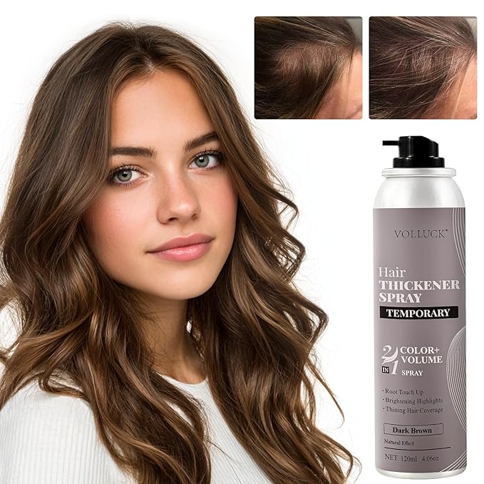 VOLLUCK Hair Thickening Fibers Spray, Temporary Colored Hair Thickener for Root Touch Up Spray, Grey Coverage Root Concealer for Women & Men, | Volumizing & Thickening | Medium Brown