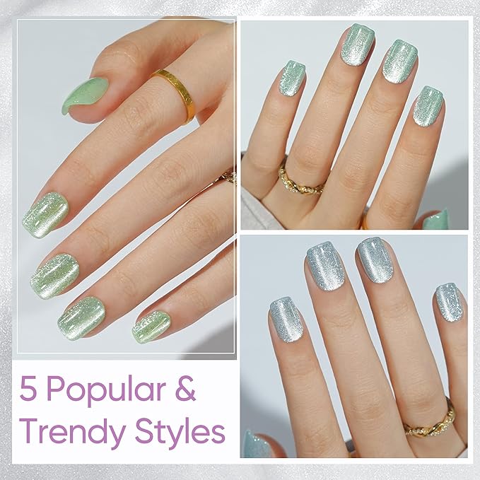 Press on Nails Short 5 Styles, Jofay Fashion 160Pcs Summer Cat Eye Press on Nails for Women, Reusable Opaque Gel Fake Nails, Square Glue On Nails in 16 Sizes, Blooming Flowers