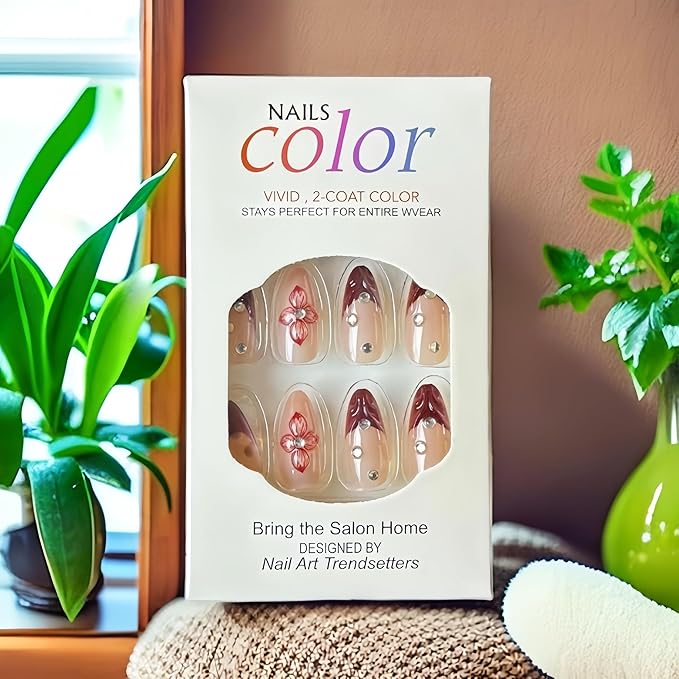 24Pcs Red French Tip Press on Nails Almond Medium Fake Nails 3D Flowers Cute False Nails with Designs Acrylic Nails Floral Rhinestone Stick on Nail Autumn Winter False Nails Artificial Nail for Women