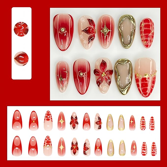 Almond Press on Nails Medium Almond Fake Nails with 3D Texture Gold Design Y2K Gold Star Beads Full Cover Acrylic Nails False Nails Red Crocodile Pattern French Stick on Nail for Women 24Pcs