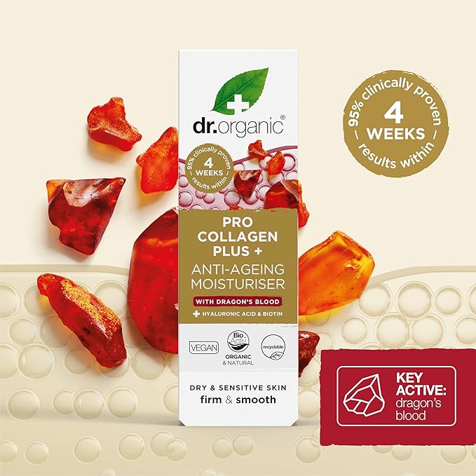 Dr. Organic Pro Collagen Plus + Anti-Ageing Moisturiser with Dragon’s Blood | Reduces Wrinkles, (Dry & Sensitive Skin) Natural, Certified Organic, Paraben & SLS-Free, 50 mL / 1.7 fl oz
