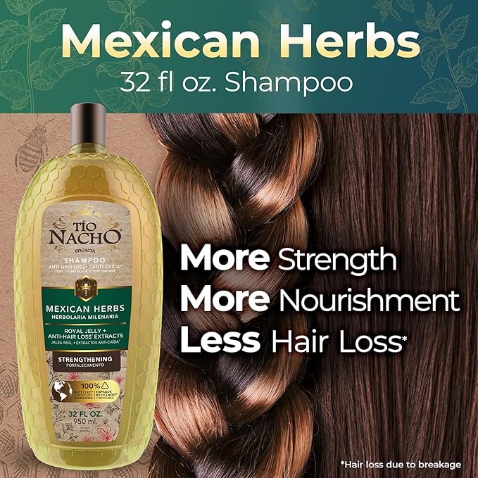 Tio Nacho Mexican Herbs Shampoo, Strengthening, Anti Hair Loss & Anti Breakage with Royal Jelly, Ginseng & Jojoba, Paraben & Cruelty Free, 32 Fl Oz