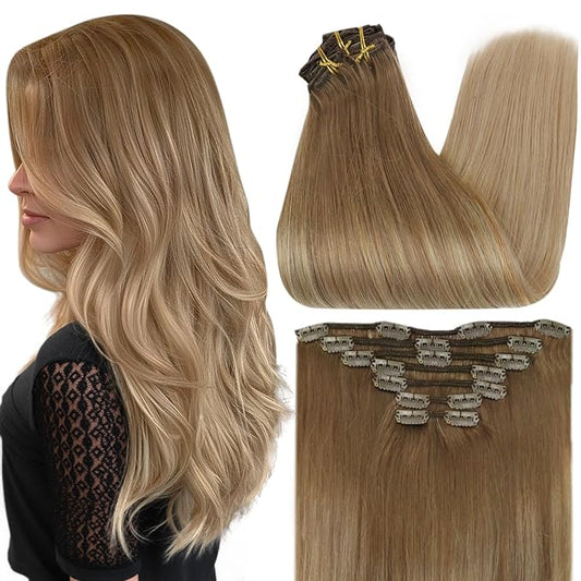 Full Shine Human Hair Clip in Extension 18 Inch Golden Brown Ombre Clip on Hair Extensions for Thinning Hair Golden Brown to Blonde Hair Extensions Clip ins for Women Straight 7 Pcs 120 G