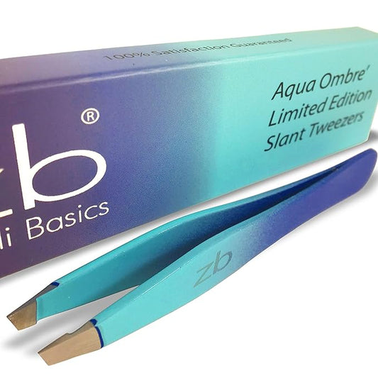 Zizzili Basics Tweezers - Limited Edition Aqua Ombré Slant Tweezer - Best Tweezers for Eyebrow, Hair Removal and Your Precision Needs