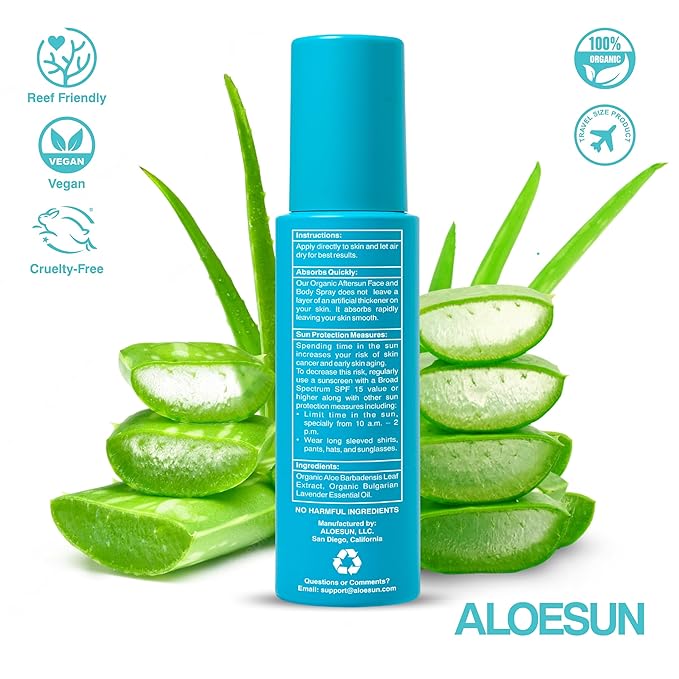 ALOESUN After Sun Face and Body Spray | Non Sticky Organic Aloe Vera for Sun Exposure Relief with Pure Lavender Essential Oil | Natural Aftersun Skin Moisturizer for Redness | Travel Size 3.4 Fl Oz