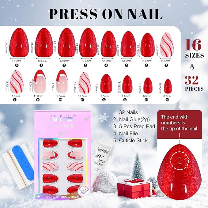 Christmas Press On Nails Almond - Jofay Fashion Red Cat Eye Press On Nails, Swirl Santa Hat Fake Nails with Glue for Women, Glossy Reusable Soft Gel Glue On Nails 32Pcs