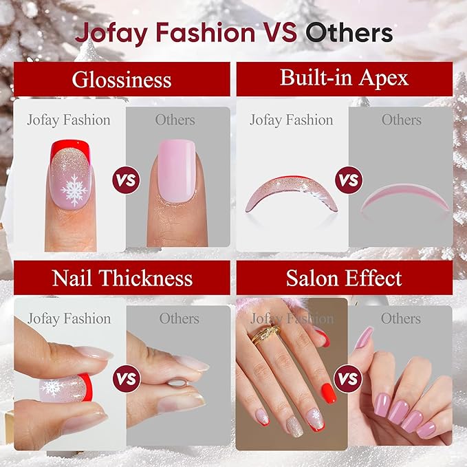 Christmas Press On Nails Short - Jofay Fashion French Tip Press On Nails, Acrylic Fake Nails with Snowflakes and Gold Glitter, Reusable False Nails Glue On Nails for Women 32Pcs in 16 Sizes