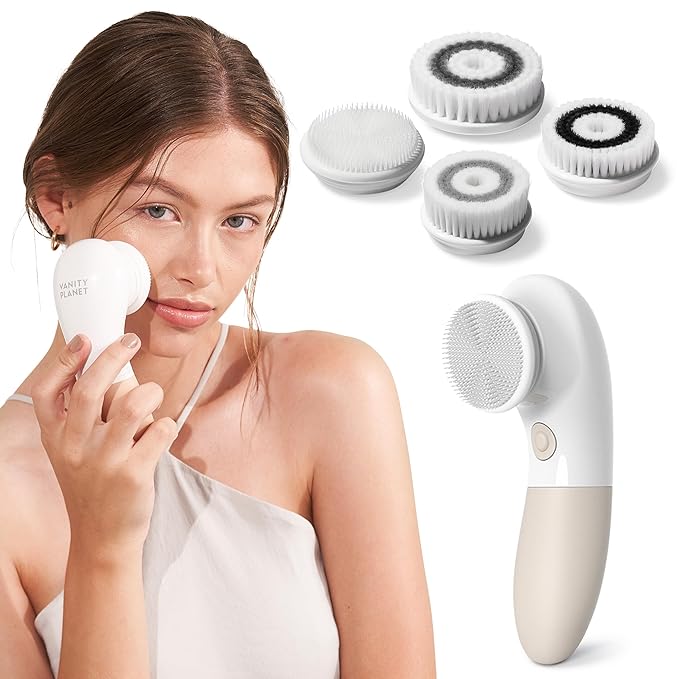 Raedia Handheld Facial Cleansing Brush with 4 Interchangeable Brush Heads by Vanity Planet - Lightweight Daily Cleansing Brush for Glowing Skin - Water Resistant Face Exfoliator - Warm Grey