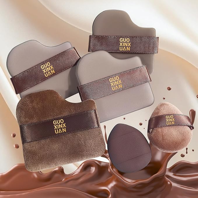 2 Box Guoxiaoniu Chocolate Color Quick Makeup Foundation Puff Set，Sponge Air Cushion Powder Puff，Mini Powder Puff Collection (1 Box of 6 PCs)