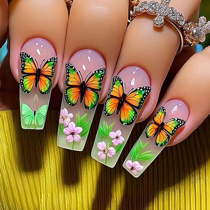 Coffin Press on Nails Long Length with Butterfly Design French Tip Nails Green Acrylic Nails for Women 24pcs