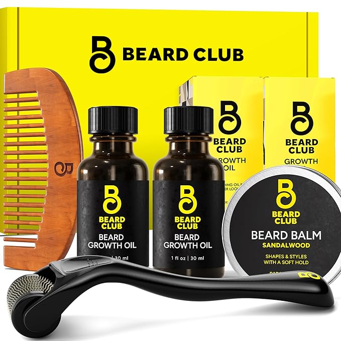 The Beard Club Enhanced Beard Growth Kit - Derma Roller, Beard Growth Oil (2PK), Sandalwood Beard Balm, Comb - Gift Set