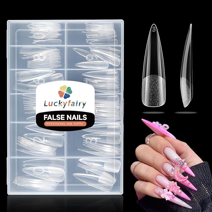 XXL Stiletto Nail Tips 120 Pcs Full Cover Pre-buff Stiletto Gel Press On Nails Flat Tips for Acrylic Nails for Home DIY Nail Extensions 12 Sizes