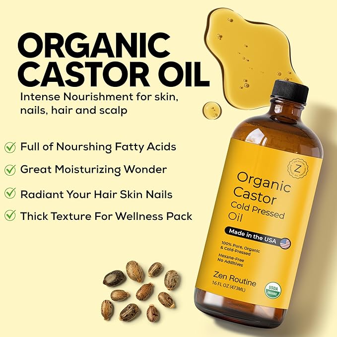 Zen Routine Organic Castor Oil (Glass Bottle - 16oz / 2-Pack) Hexane Free – Hair Growth Oil, Eye Lashes & Stomach, Pure 100% Cold Pressed Unrefined Castor Pack Wrap – USDA Certified, Made in the USA