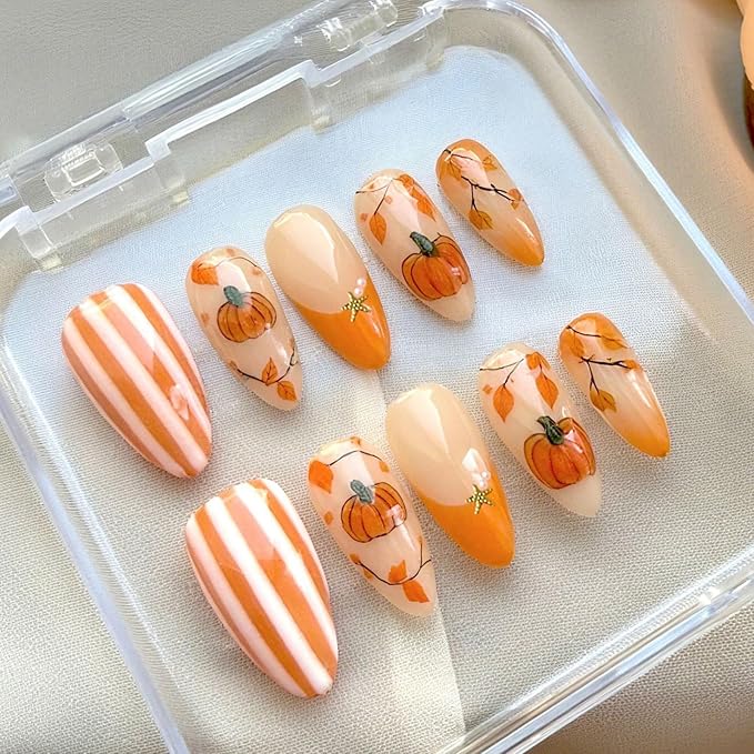 30 Pcs Fall Press on Nails Almond French Tip Fake Nails with Orange Glossy Design Maple Leaves Pumpkin False Nails Autumn Thanksgiving Day Stick on Nail Reusable Holiday Nail for Women DIY Manicure