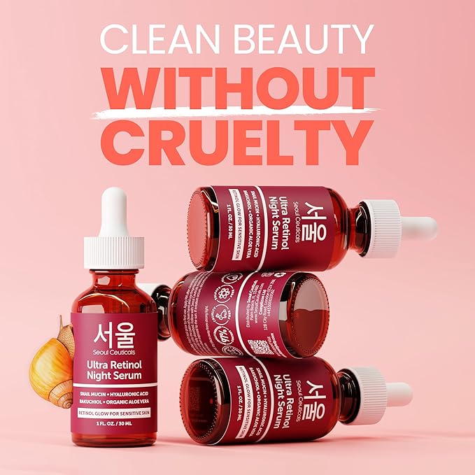 SeoulCeuticals 1% Korean Retinol Night Serum for Face - 97.5% Snail Mucin + Hyaluronic Acid + Bakuchiol, Cruelty Free K Beauty for Sensitive Skin 1oz