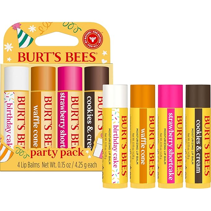 Burt's Bees Lip Balm Party Pack - Birthday Cake, Waffle Cone, Strawberry Shortcake, and Cookies & Cream, All Day Moisturizer, Tint-Free, Natural Origin Conditioning Lip Treatment, 4 Tubes, 0.15 oz.