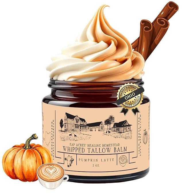 100% Grass-Fed Whipped Tallow Balm & Organic Jojoba Oil infused with Organic Madagascar Vanilla Beans/vanilla coffee/pumpkin & clove: face/body moisturizer: dry, mature skin, (PUMPKIN LATTE)
